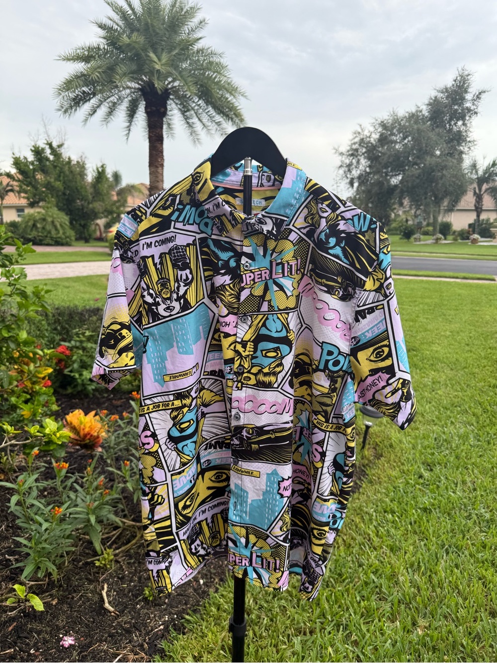 Drill Clothing Co “Oh Snap!” Comic Pop Art Stretch Button Up Shirt Large